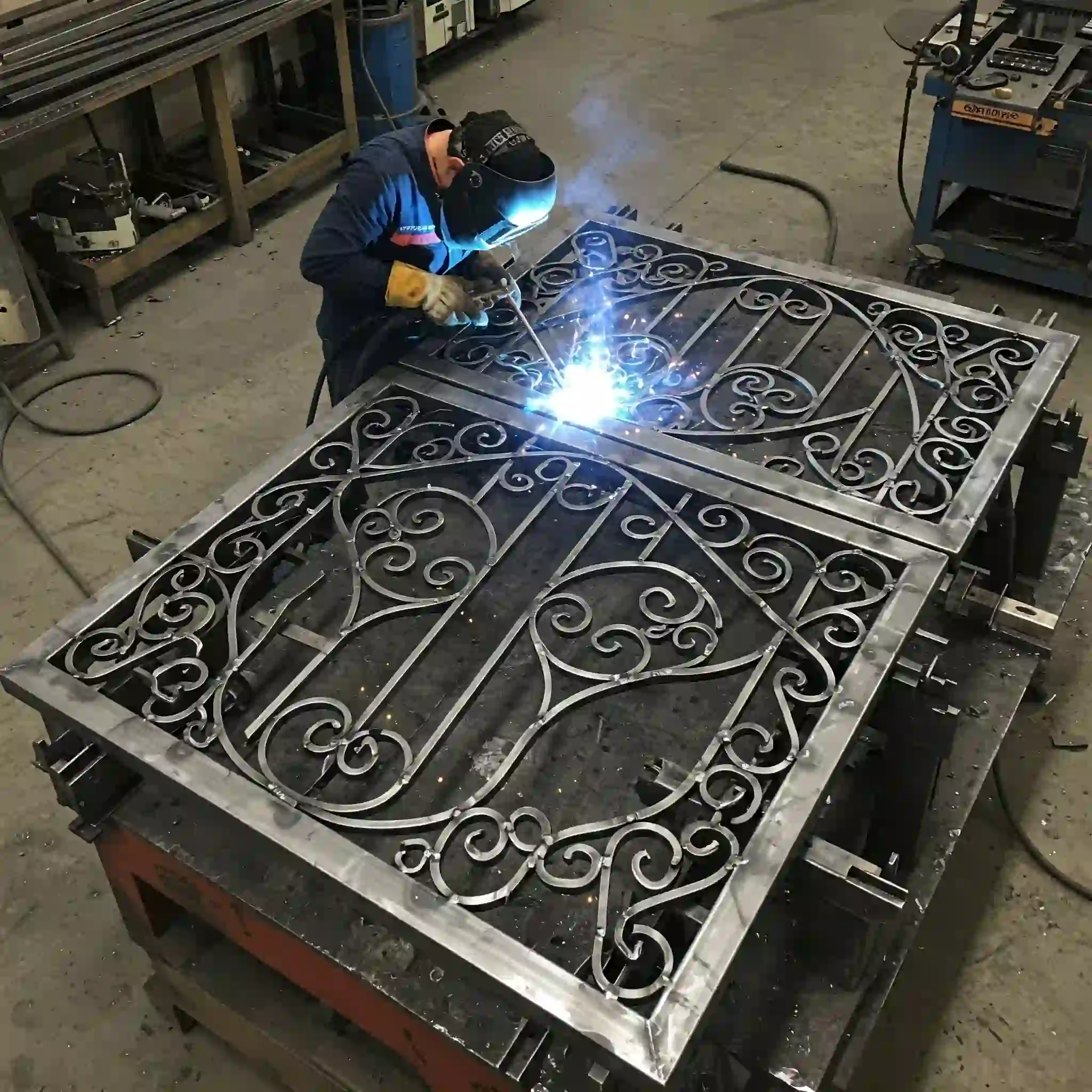 Custom fabricated metal gates installation showing steel gate and rod iron fence details